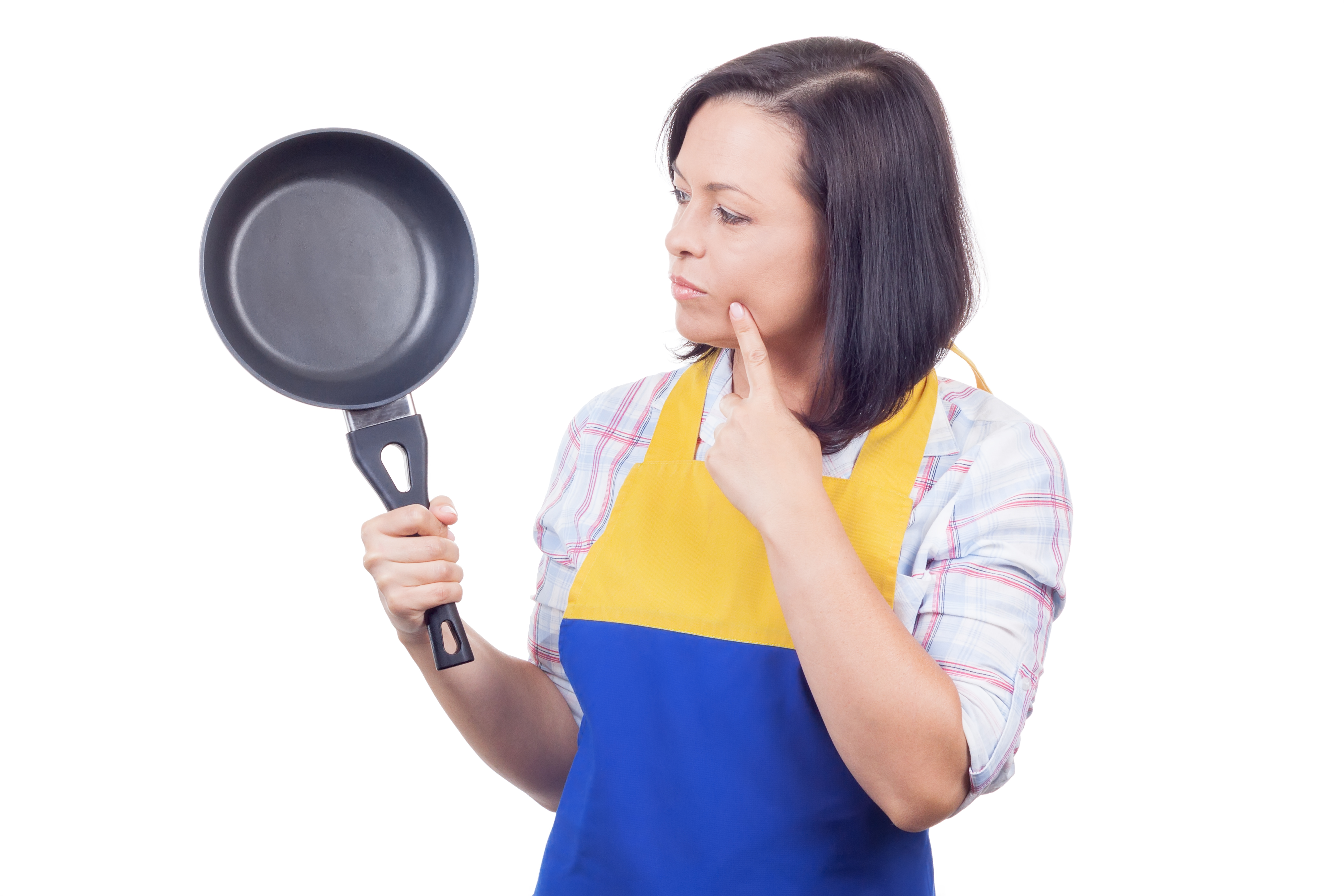 Beautiful Young Woman with Frying Pan Thinking What to Prepare f